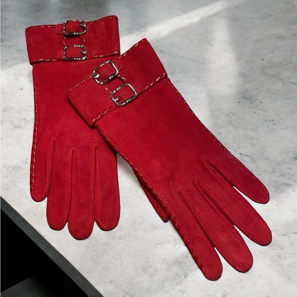 COACH RED Suede Gloves Silk Lined Size 8 - Picture 1 of 10